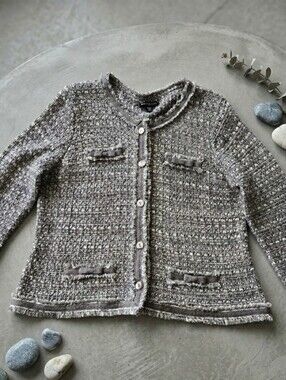 Proportion Petite XL Coquette Tweed Knit Cardigan Jacket Metallic Shimmer Bows